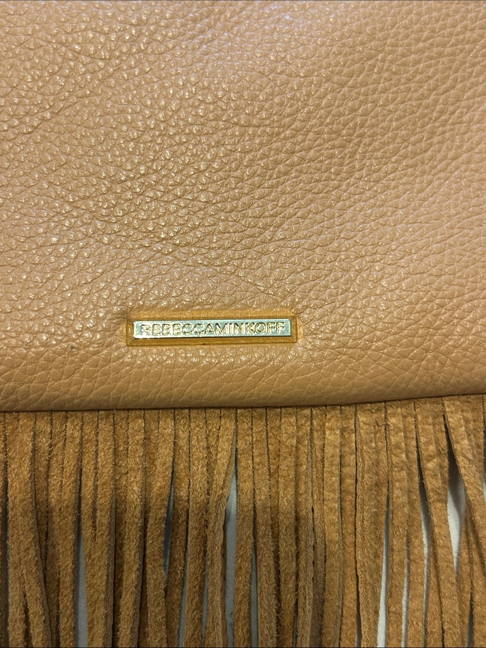 Rebecca Minkoff Tan Leather Fringe Shoulder Bag with Gold Logo